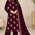 Deep maroon velvet 3 piece suit with floral embroidered shirt, matching trousers and velvet dupatta