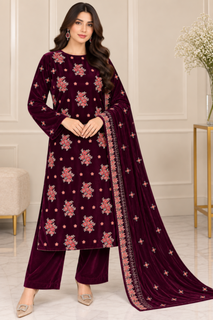 Deep maroon velvet 3 piece suit with floral embroidered shirt, matching trousers and velvet dupatta