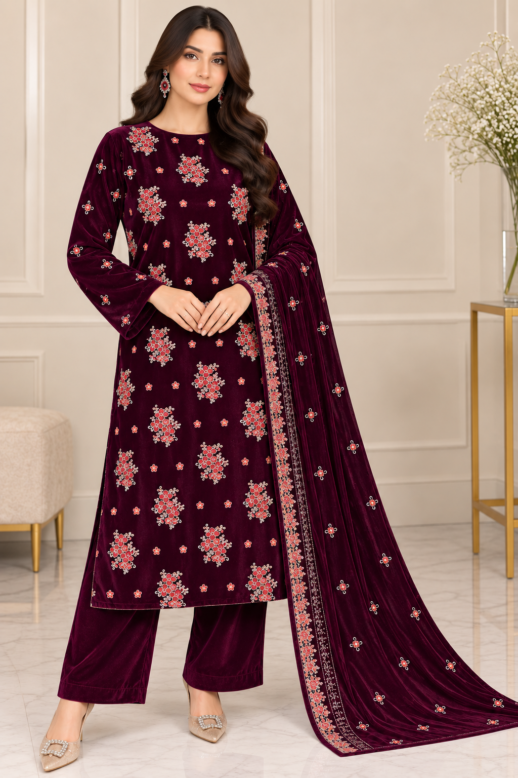 Deep Maroon Velvet 3 Piece Suit with Floral Embroidery Deep maroon velvet 3 piece suit with floral embroidered shirt, matching trousers and velvet dupatta
