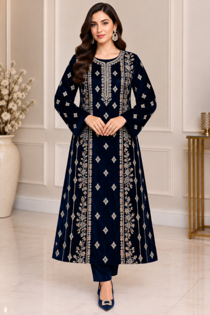 Deep navy blue velvet suit with intricate gold embroidery and matching velvet trousers