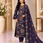 Deep navy silk handmade suit with floral handwork and matching chiffon dupatta front pose