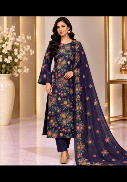 Deep navy silk handmade suit with floral handwork and matching chiffon dupatta front pose