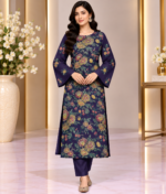 Deep navy silk shirt with colorful floral handmade embroidery and simple embroidered sleeves