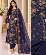Deep navy silk floral handwork fabric with matching chiffon dupatta closeup