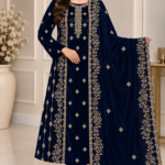 Deep navy velvet 3 piece suit with embroidered shirt trousers and matching dupatta