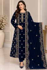 Deep navy velvet 3 piece suit with embroidered shirt trousers and matching dupatta