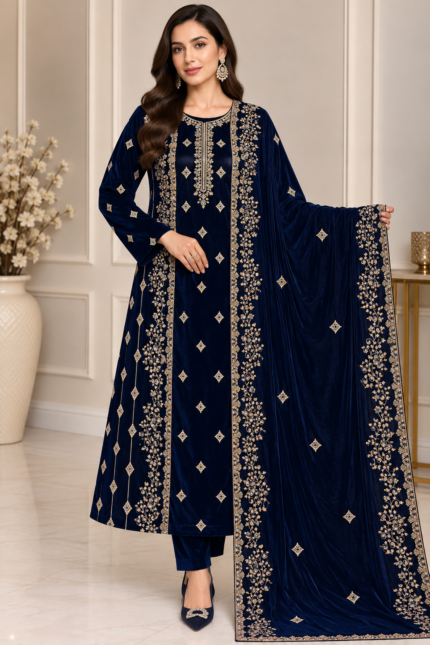 Deep navy velvet 3 piece suit with embroidered shirt trousers and matching dupatta