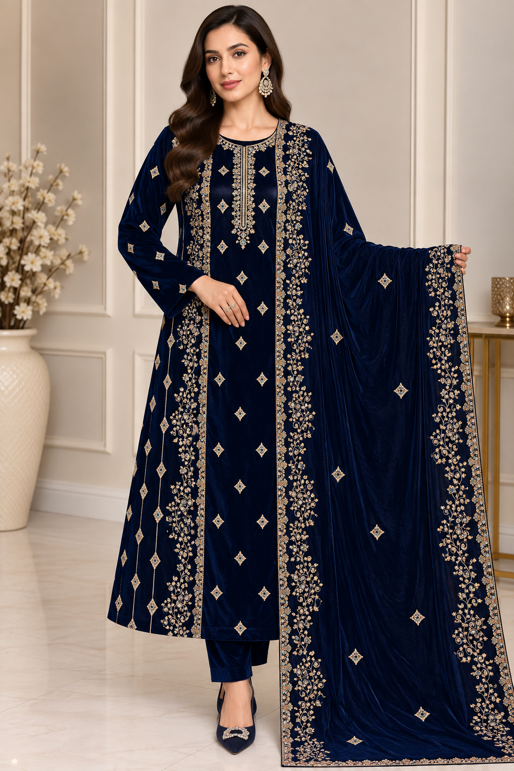 Deep Navy Velvet Embroidered Suit with Matching Dupatta Deep navy velvet 3 piece suit with embroidered shirt trousers and matching dupatta