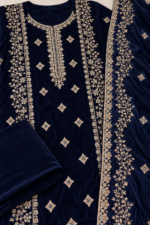 Deep navy velvet shirt with detailed gold floral embroidery and diamond motifs