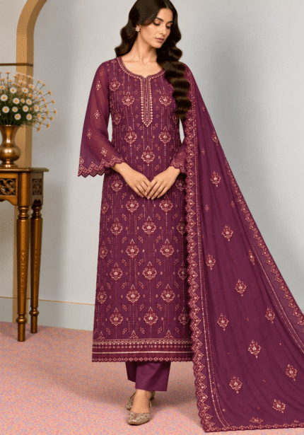 Deep plum purple embroidered 3 piece Pakistani suit with matching dupatta