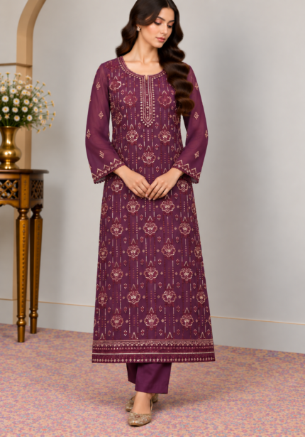 Deep plum purple embroidered Pakistani suit without dupatta