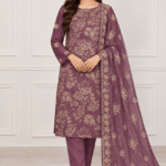 Deep plum silk 3 piece unstitched suit with gold floral handwork