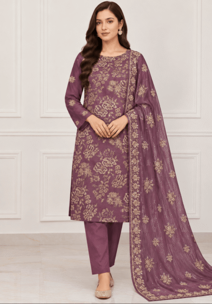 Deep plum silk 3 piece unstitched suit with gold floral handwork