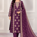Deep plum silk 3 piece suit with intricate handwork embroidery and chiffon dupatta