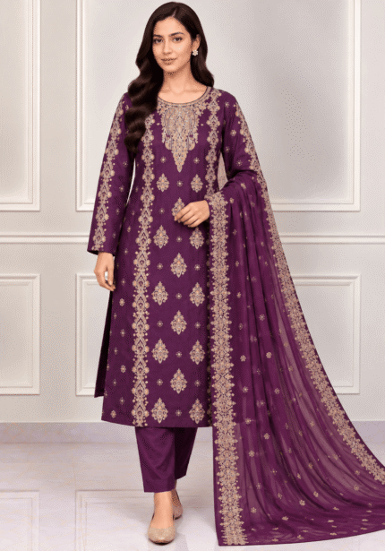 Deep plum silk 3 piece suit with intricate handwork embroidery and chiffon dupatta