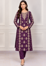Deep plum silk 3 piece suit front pose with intricate handwork embroidery without dupatta