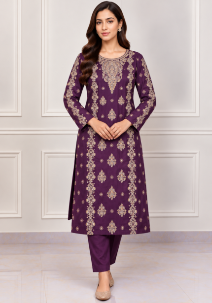 Deep plum silk 3 piece suit front pose with intricate handwork embroidery without dupatta