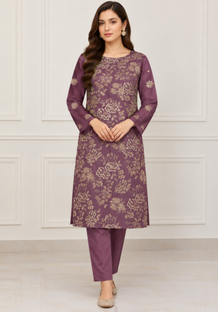 Front view of deep plum silk suit with floral gold embroidery