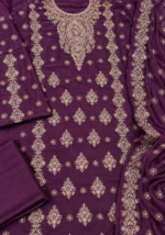 Deep plum silk unstitched fabric with detailed handwork embroidery closeup