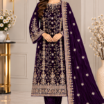 Deep plum velvet 3 piece suit with embroidered shirt and matching velvet shawl