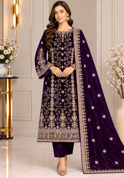 Deep plum velvet 3 piece suit with embroidered shirt and matching velvet shawl