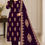 Deep plum velvet embroidered 3 piece suit with matching trousers and embroidered dupatta