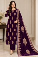 Deep plum velvet embroidered 3 piece suit with matching trousers and embroidered dupatta