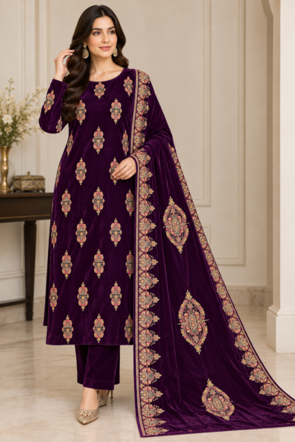 Deep plum velvet embroidered 3 piece suit with matching trousers and embroidered dupatta