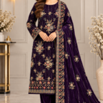 Deep plum velvet embroidered 3 piece suit with handwork shawl and floral embroidery