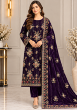 Deep plum velvet embroidered 3 piece suit with handwork shawl and floral embroidery