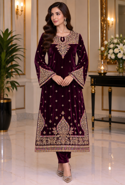 Deep plum velvet 3-piece unstitched suit with embroidered shirt and sleeves