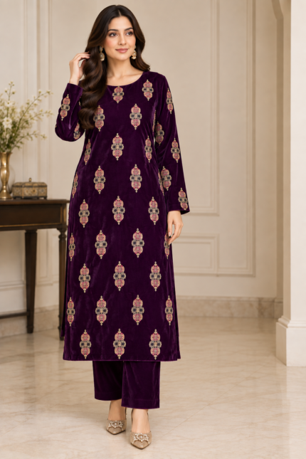 Woman wearing a deep plum velvet embroidered shirt with matching trousers in a front pose without dupatta