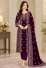 Premium Velvet Embroidered 3-Piece Unstitched Suit – Deep Plum