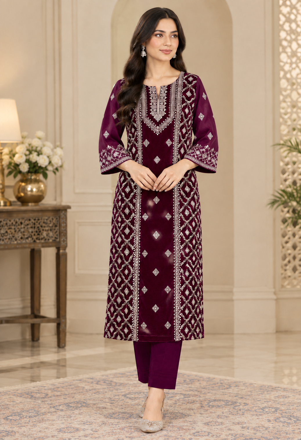 Deep Plum Velvet Embroidered Unstitched 3 Piece Suit Premium Velvet Embroidered 3-Piece Unstitched Suit – Deep Plum