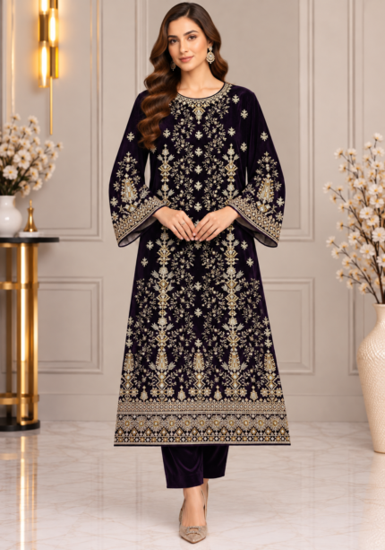 Deep plum velvet handwork embroidered shirt with detailed floral embroidery