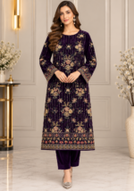 Deep plum velvet shirt with handwork embroidery and matching trousers without shawl