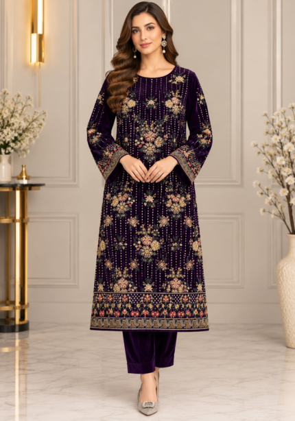 Deep plum velvet shirt with handwork embroidery and matching trousers without shawl