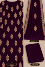 Closeup detail of deep plum velvet embroidered shirt, two-sided bordered dupatta and matching trouser