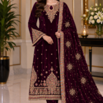 Deep plum velvet unstitched suit with matching embroidered velvet shawl