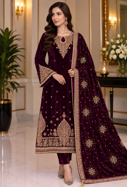 Deep plum velvet unstitched suit with matching embroidered velvet shawl