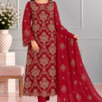 Deep red chiffon embroidered 3 piece suit with matching dupatta