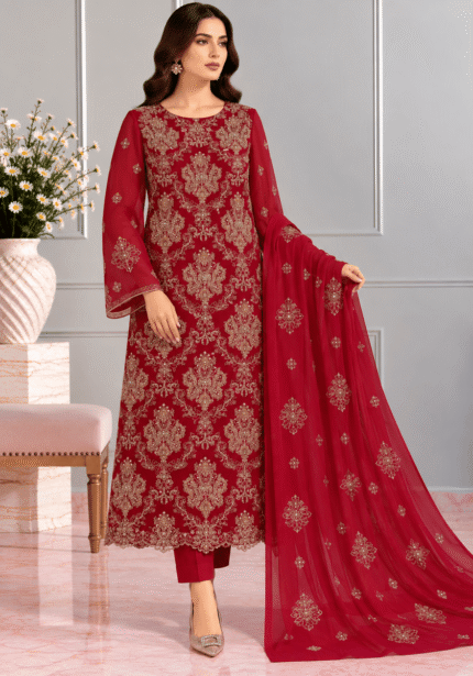 Deep red chiffon embroidered 3 piece suit with matching dupatta