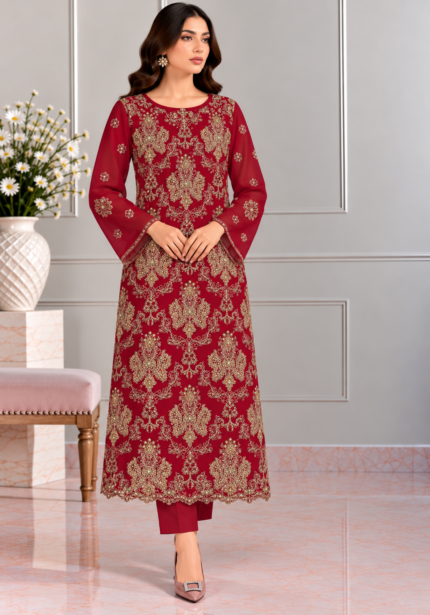 Deep red chiffon handwork embroidered 3 piece suit front pose