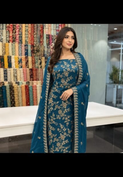 Deep teal blue silk handwork dress with embroidered chiffon dupatta