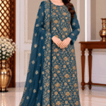 Deep teal chiffon handmade 3 piece suit with embroidered dupatta