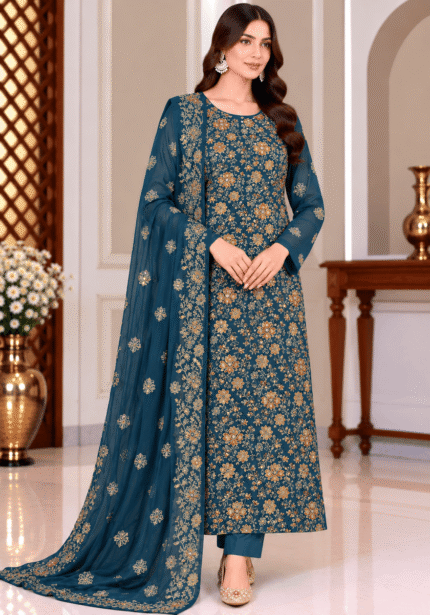 Deep teal chiffon handmade 3 piece suit with embroidered dupatta