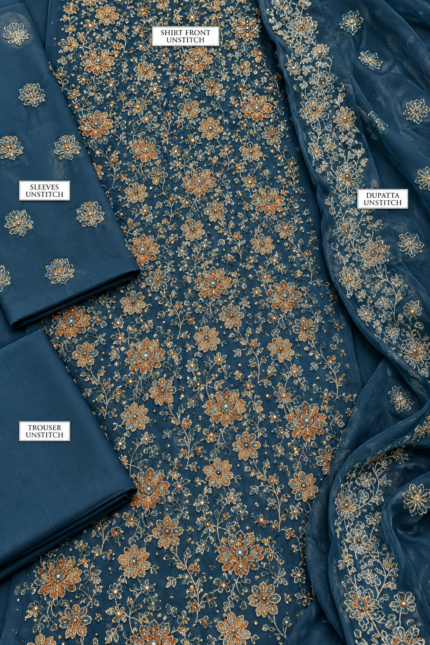 Deep teal chiffon handmade embroidered unstitched fabric closeup