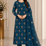 Deep teal silk suit with floral embroidered chiffon dupatta