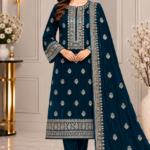 Deep teal velvet 3 piece suit with embroidered shirt and matching velvet shawl