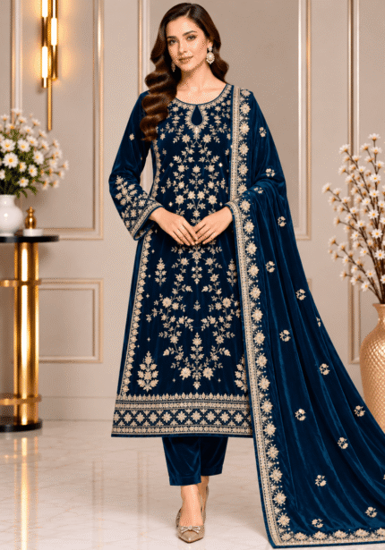 Deep teal velvet 3 piece suit with embroidered shirt and matching velvet shawl